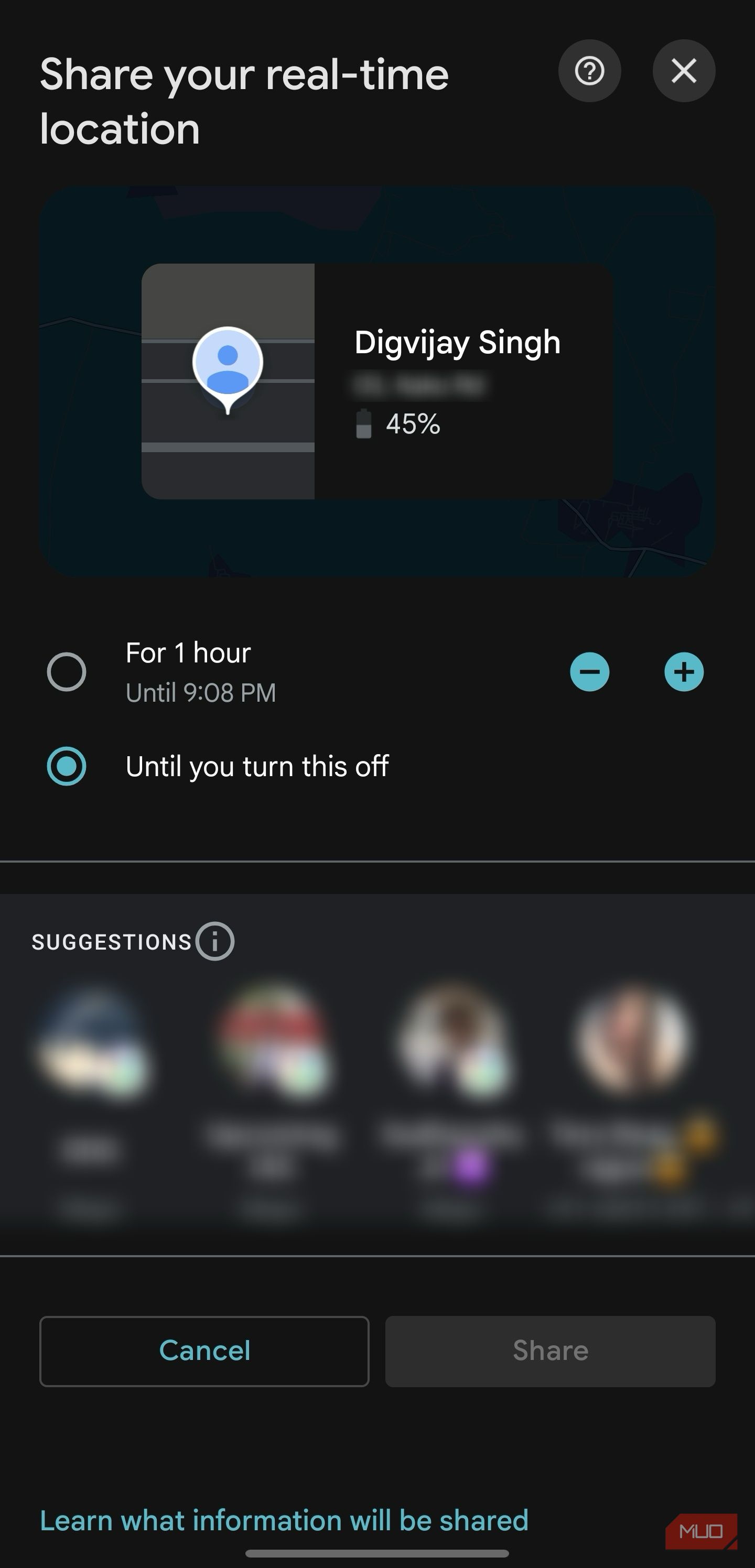 Google Maps location sharing duration selection screen-1