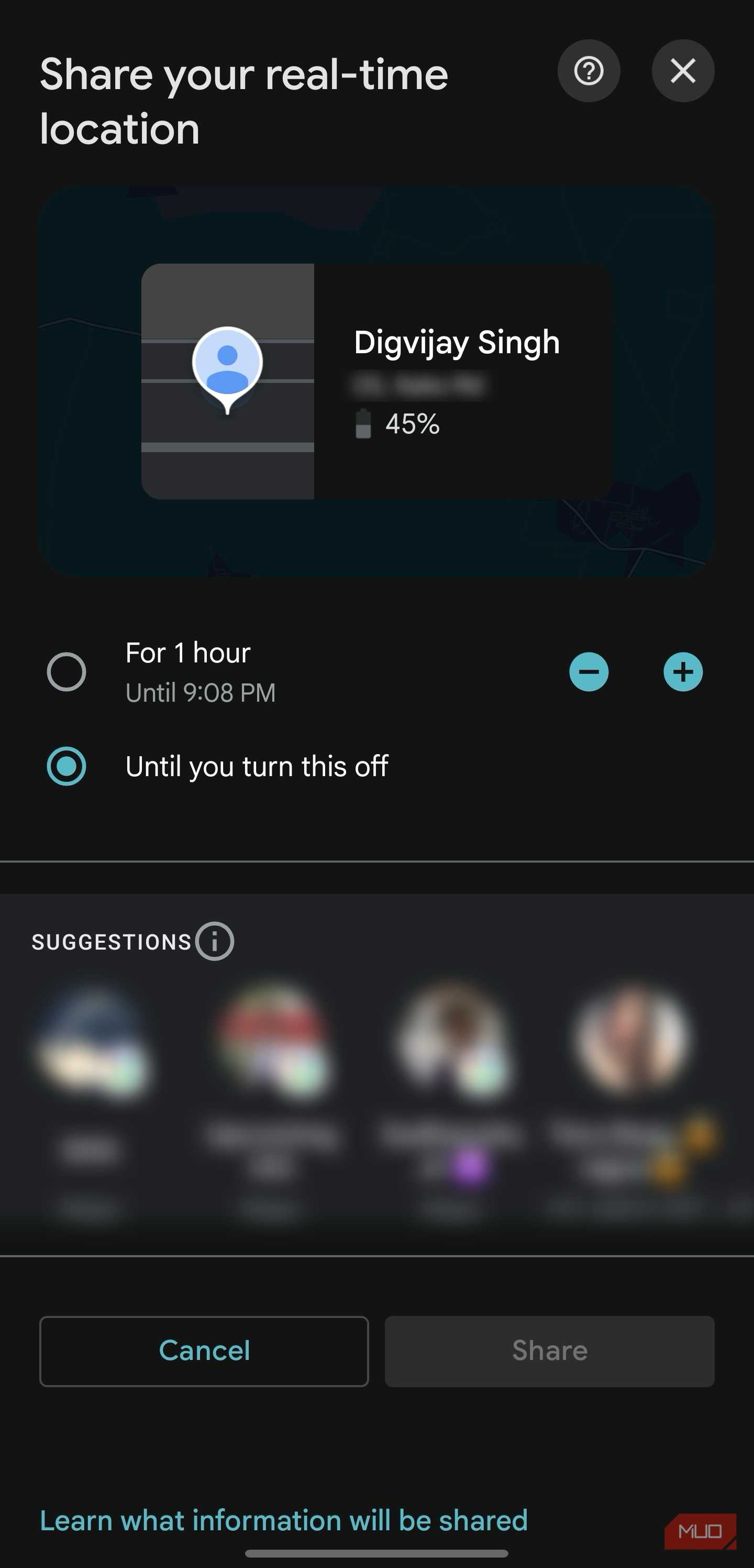 Google Maps location sharing duration selection screen-1