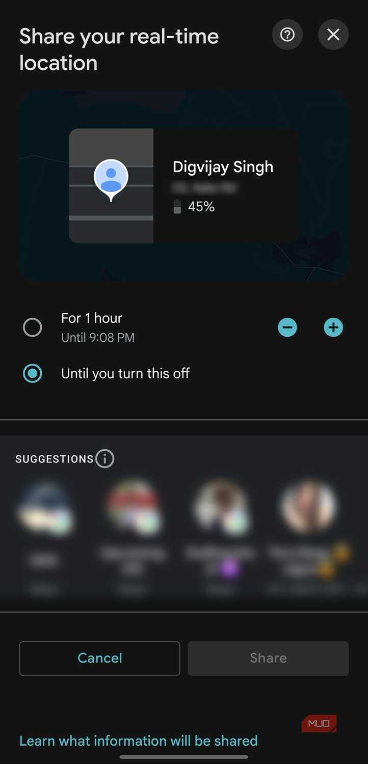 Google Maps location sharing duration selection screen-1