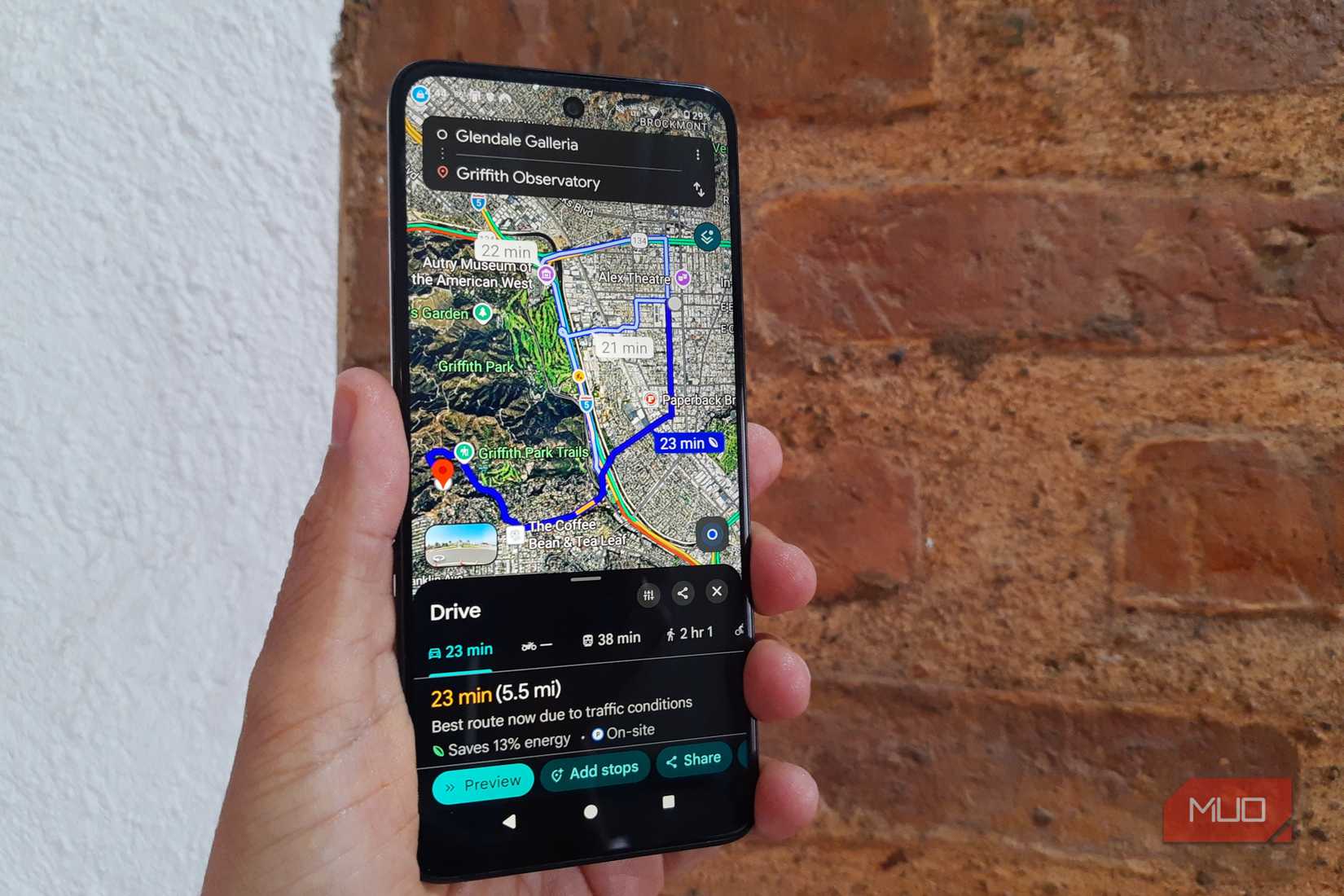 Google Maps showing route from Galleria to Griffith Park