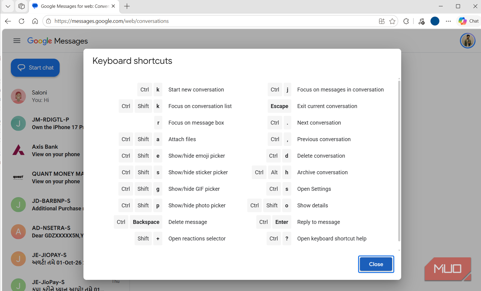 Google Messages for web keyboard shortcuts