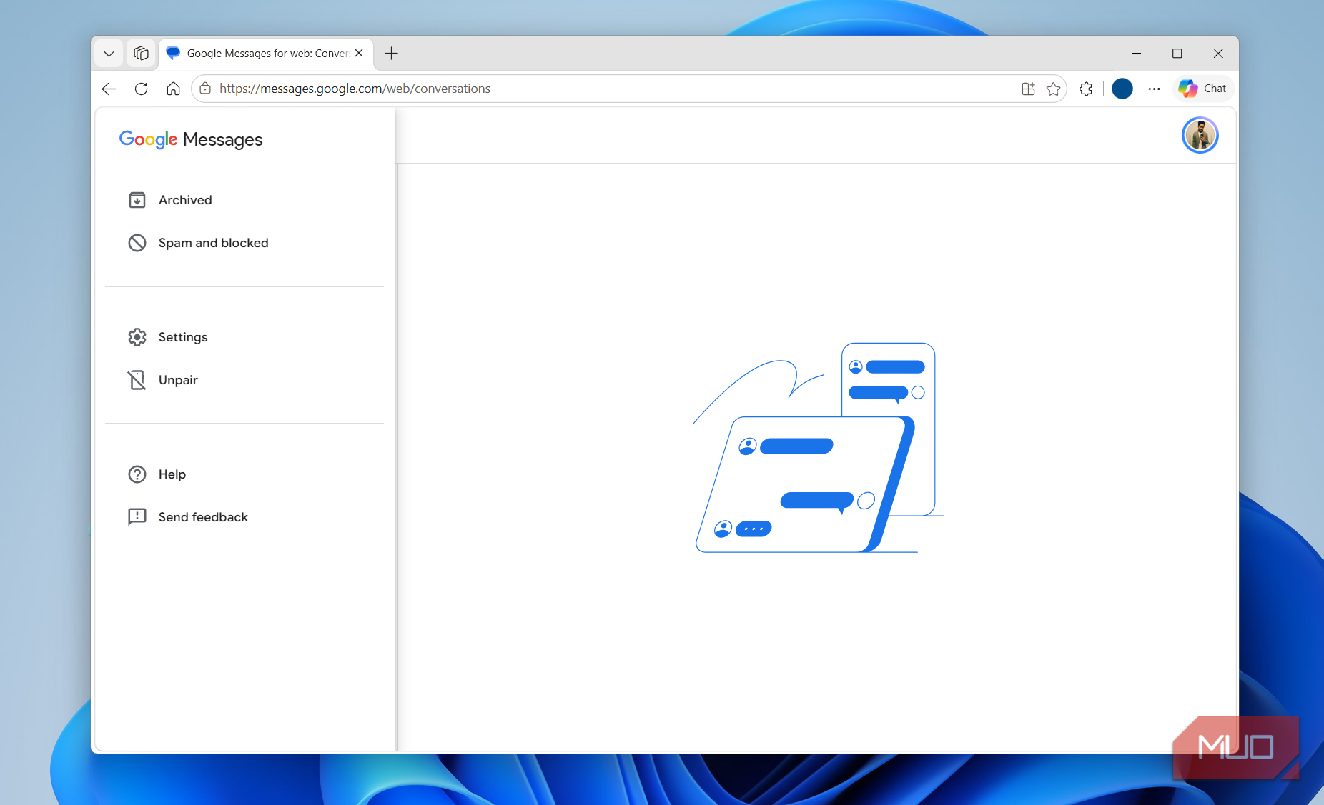 Google Messages for web menu