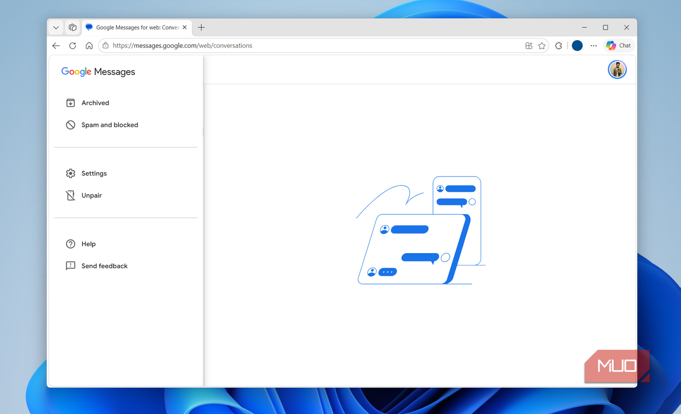 Google Messages for web menu