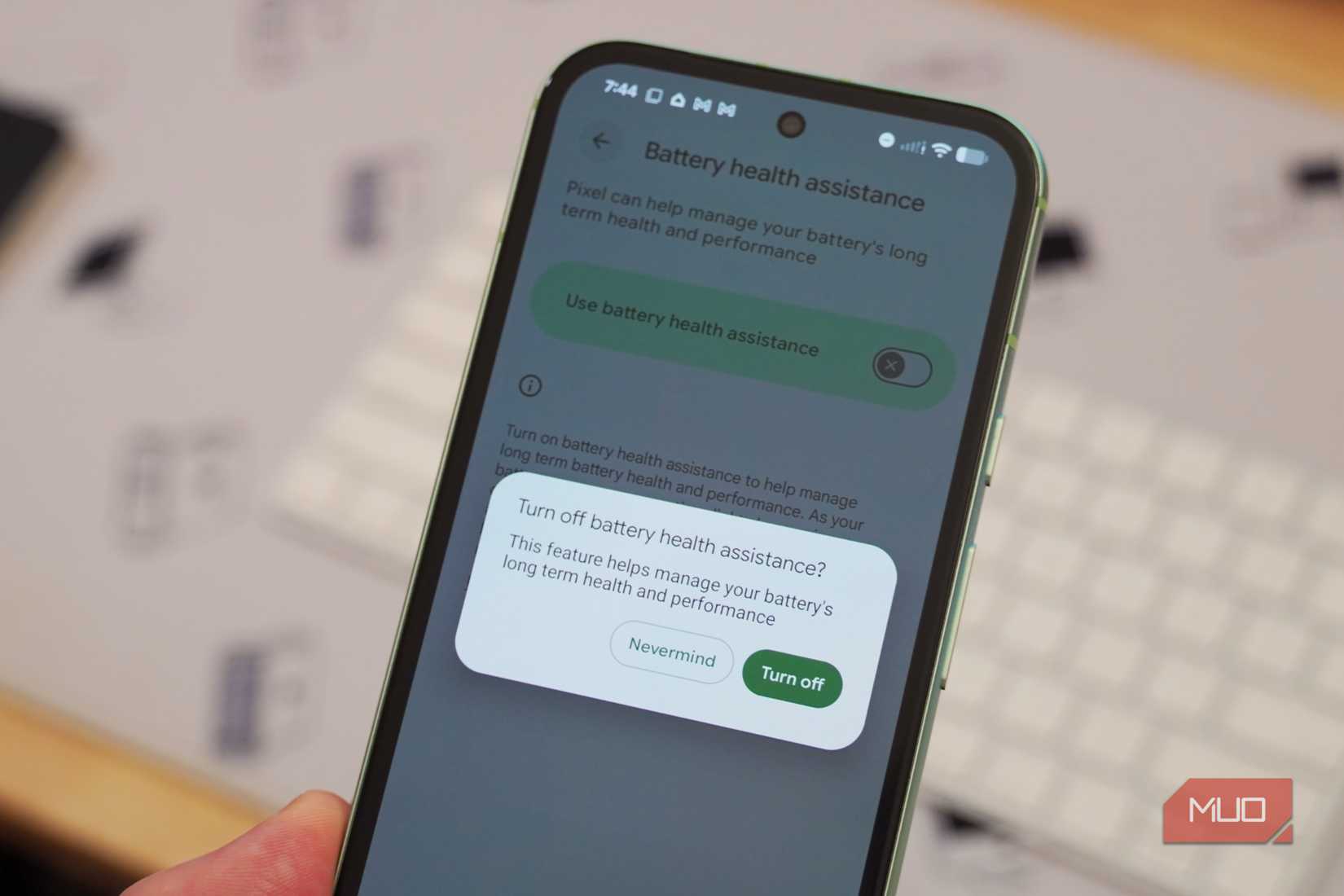 The battery health assistance toggle on a Pixel 8a.