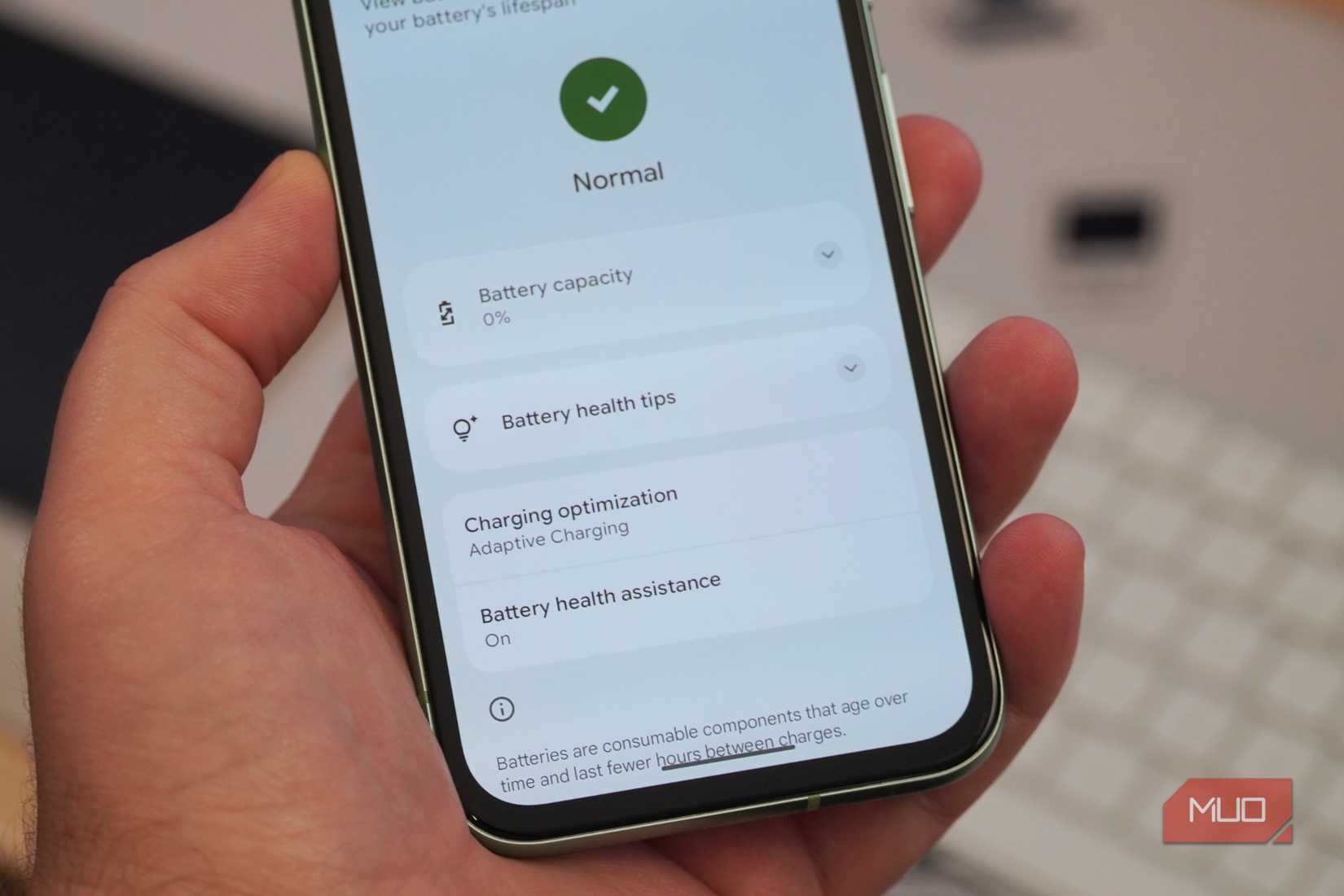 The battery health assistance toggle on a Pixel 8a.