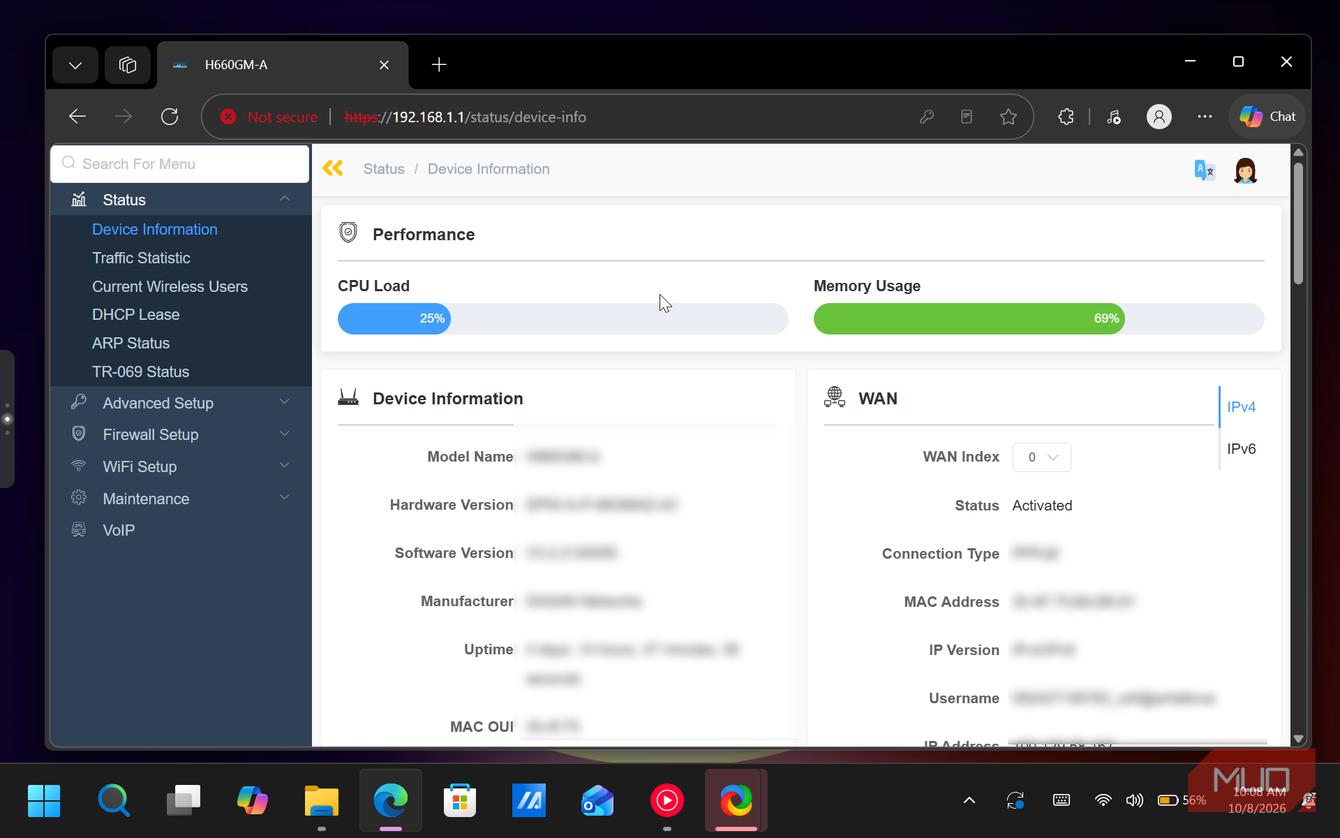 h660gm a router device information status dashboard