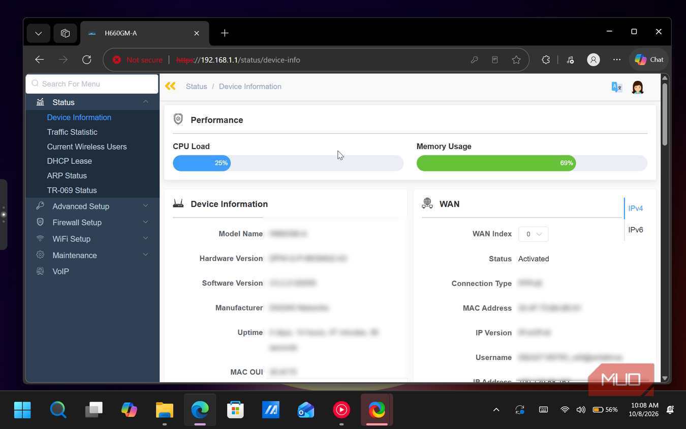 h660gm a router device information status dashboard