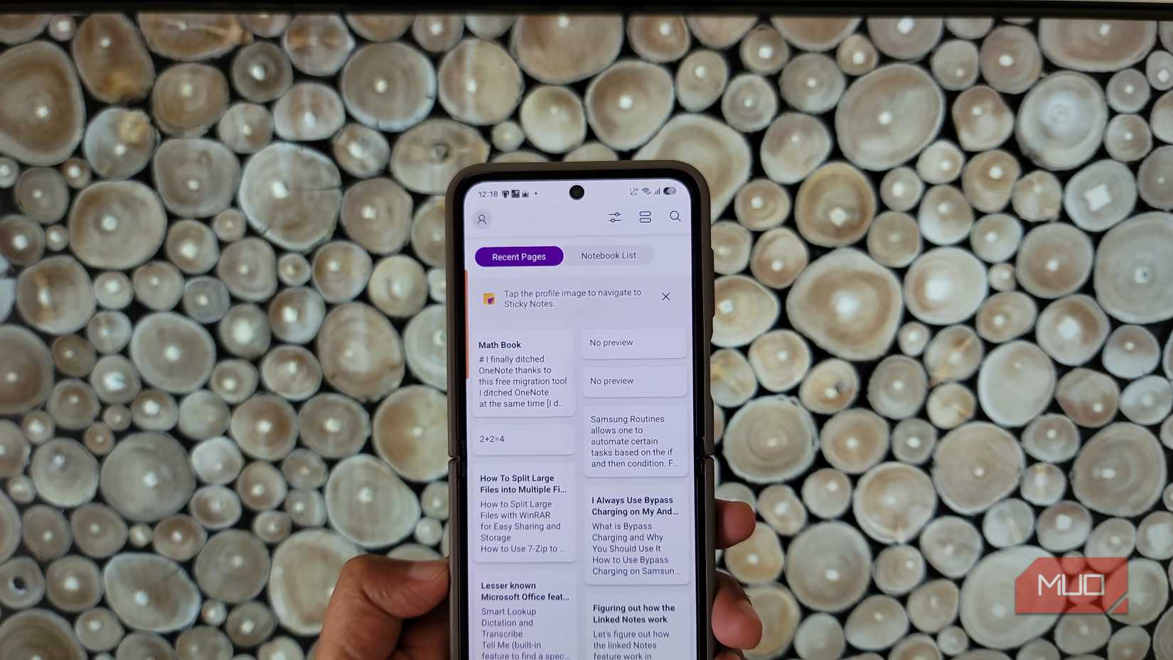 hand holding smartphone displaying OneNote note taking app with recent pages and notebook list