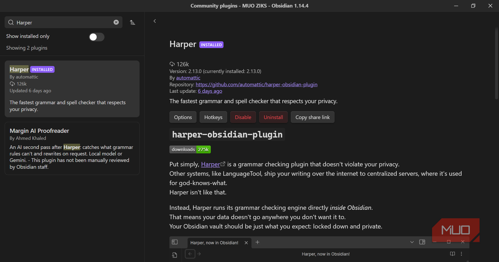 Harper community plugin for Obsidian