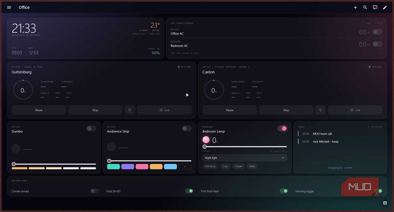 Home Assistant main dashboard.