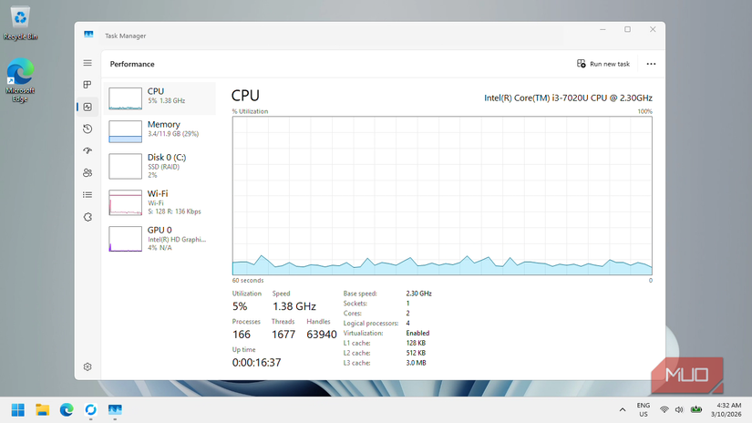 Task Manager after the cleanup and restart, showing 5% CPU usage, 3.4GB of memory in use, and 166 processes