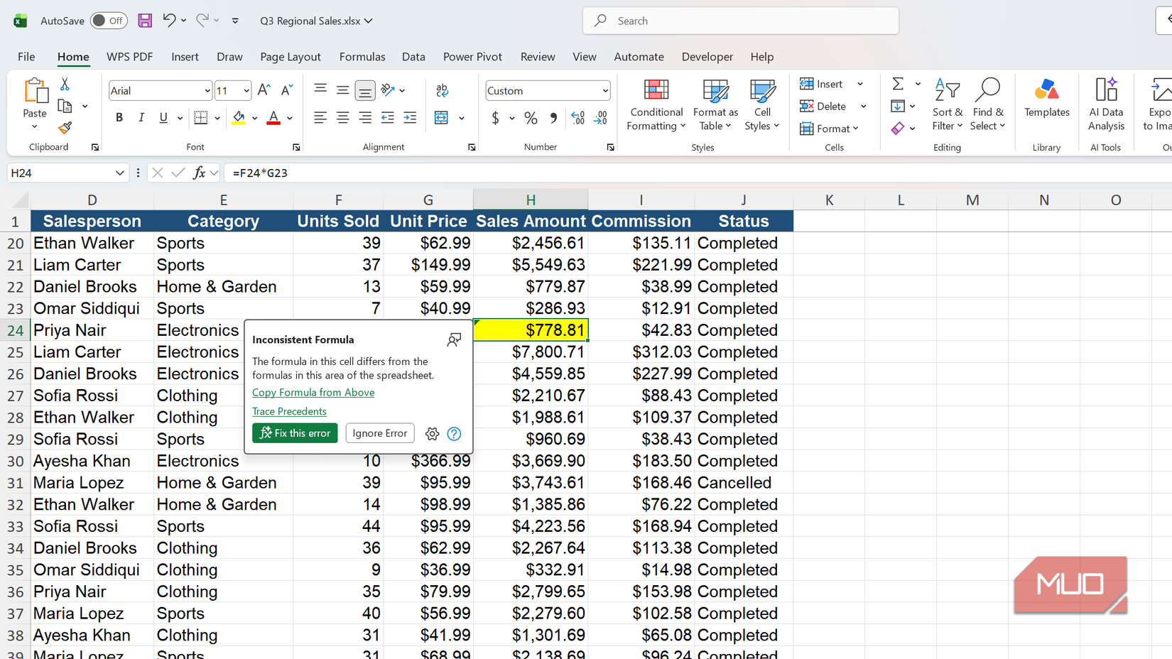 Inconsistent Formula warning in Excel on a Sales Amount cell.