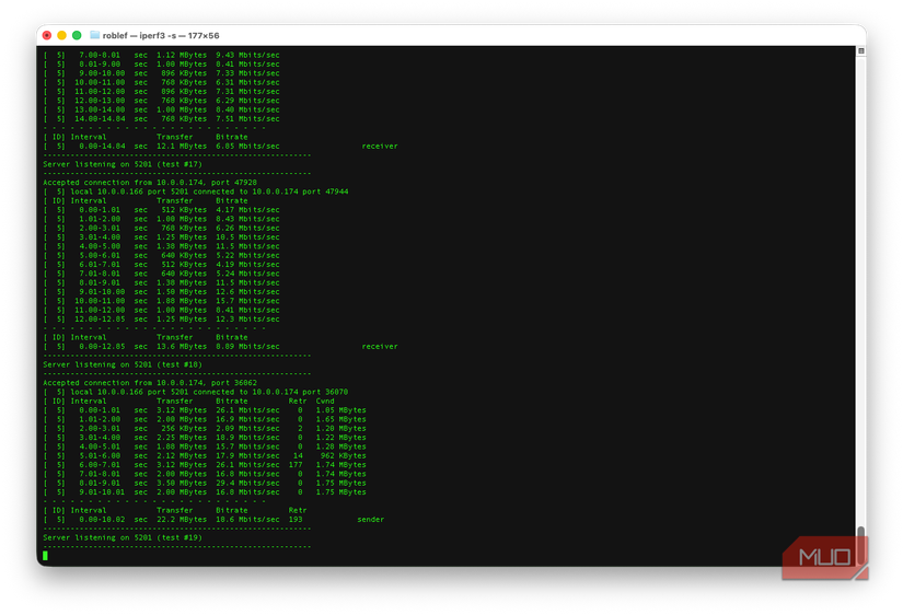 iperf3 output in terminal