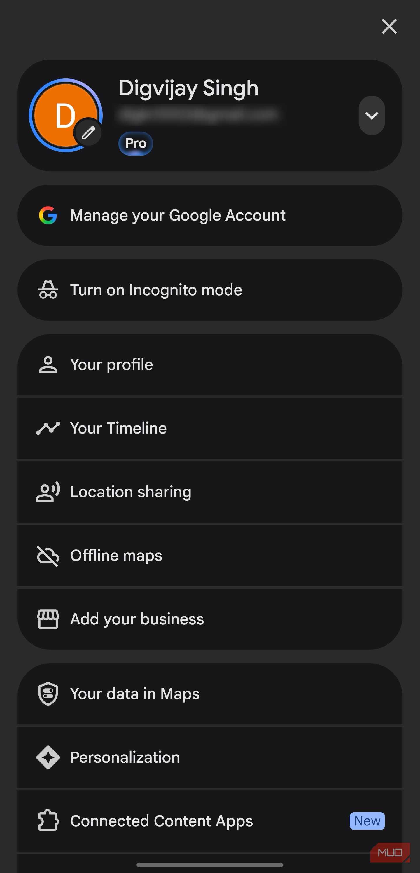 Location sharing option in Google Maps menu