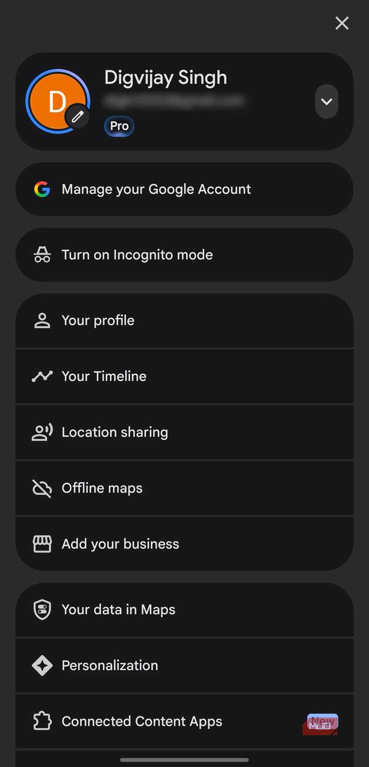 Location sharing option in Google Maps menu