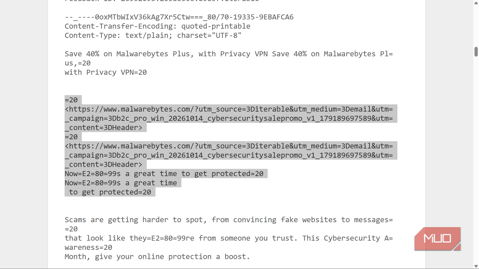 Marketing email source showing UTM tracking parameters in a URL