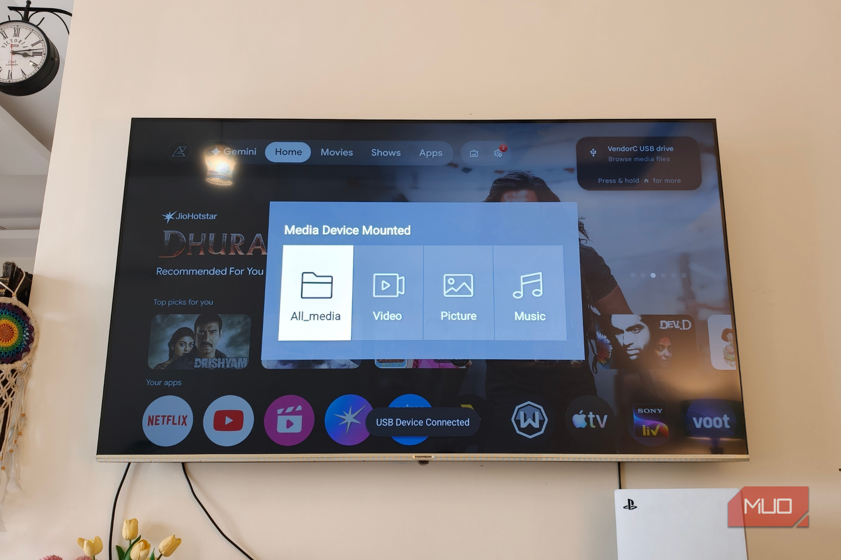 Media Device Mounted and ready for USB-sideloading on Google TV
