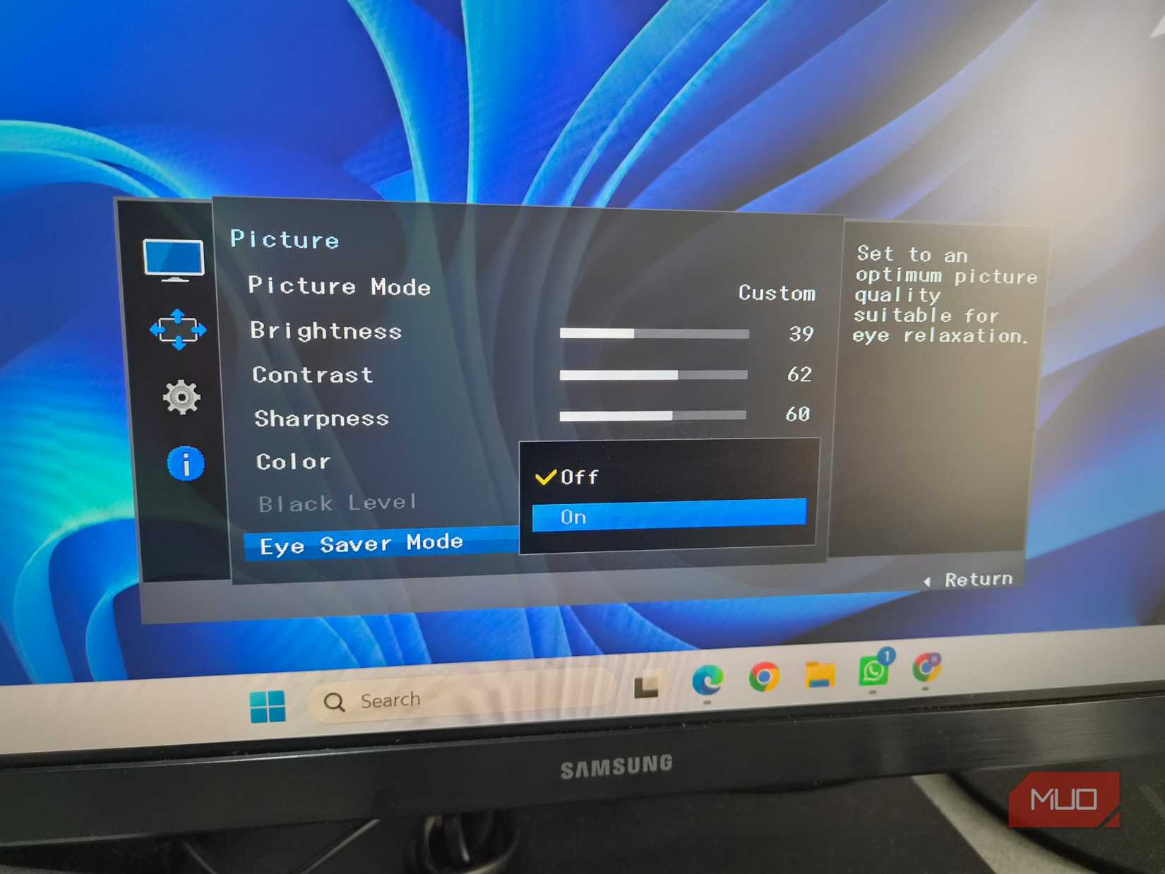 Monitor showing eye saver mode