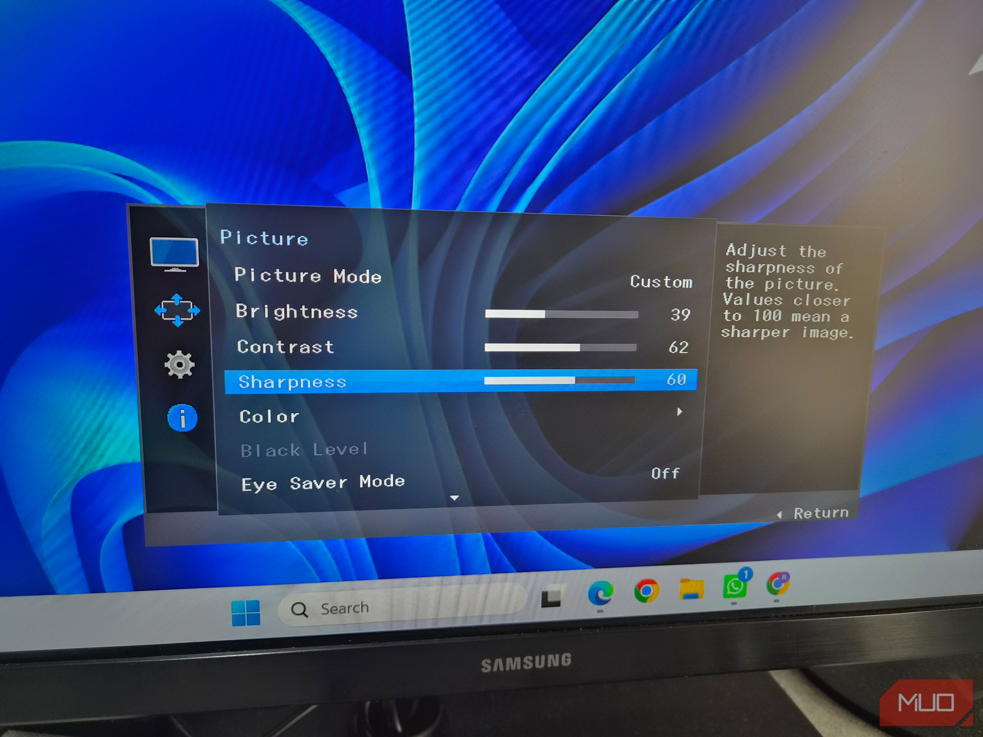 Monitor showing picture settings