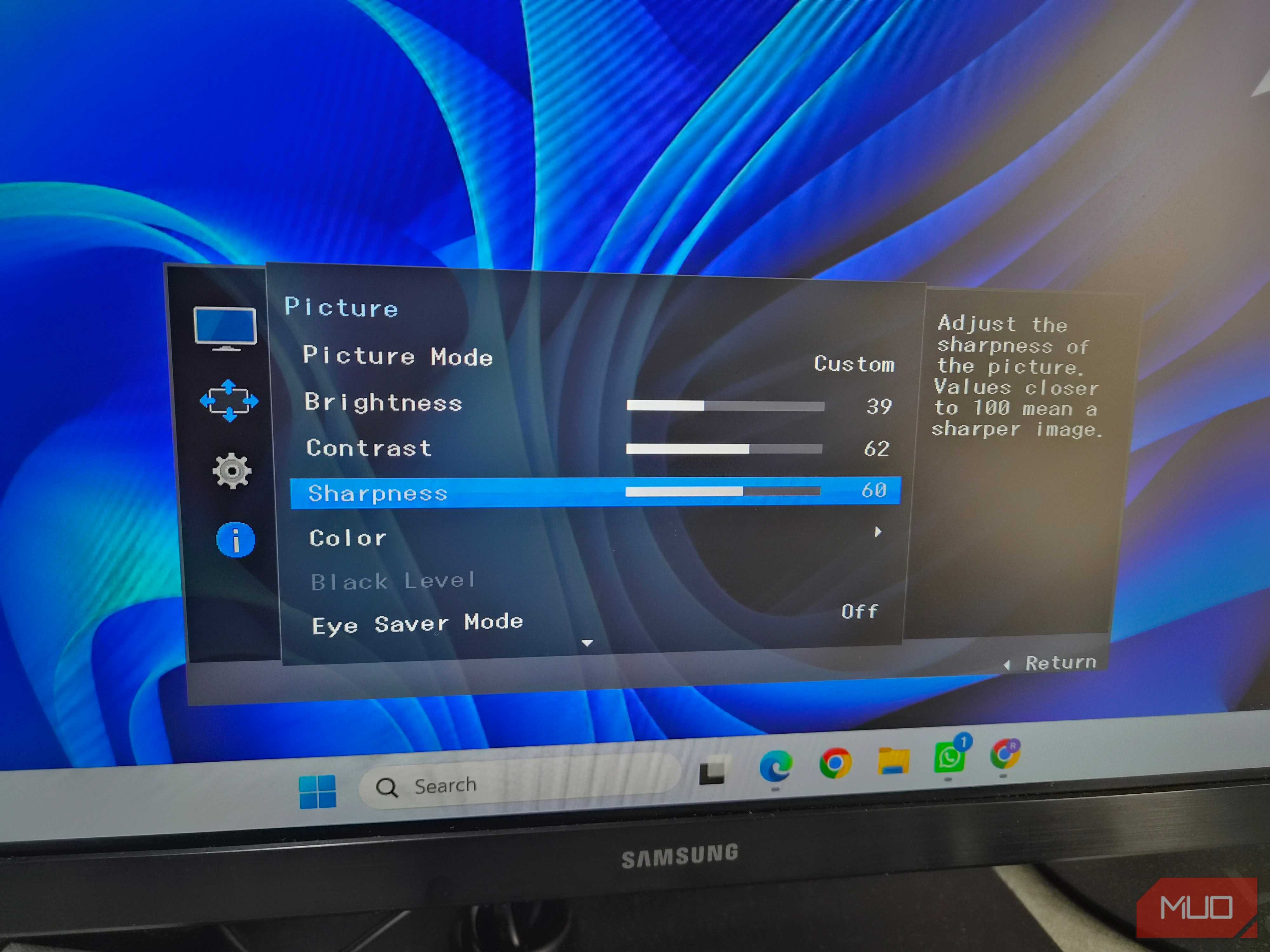 Monitor showing picture settings