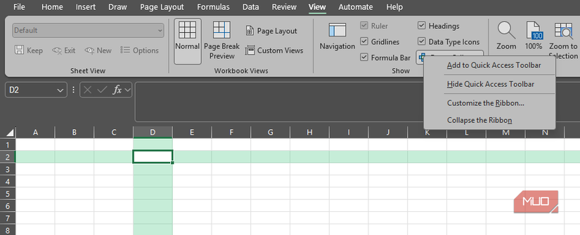 More options for Focus Cell in Excel on a desktop.