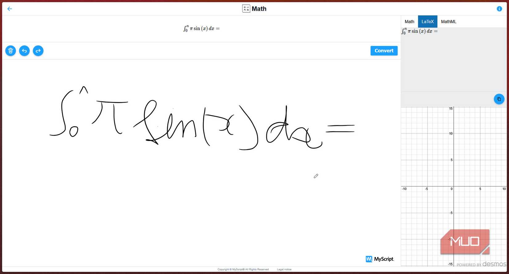 Myscript calculator showing handwritten equation.
