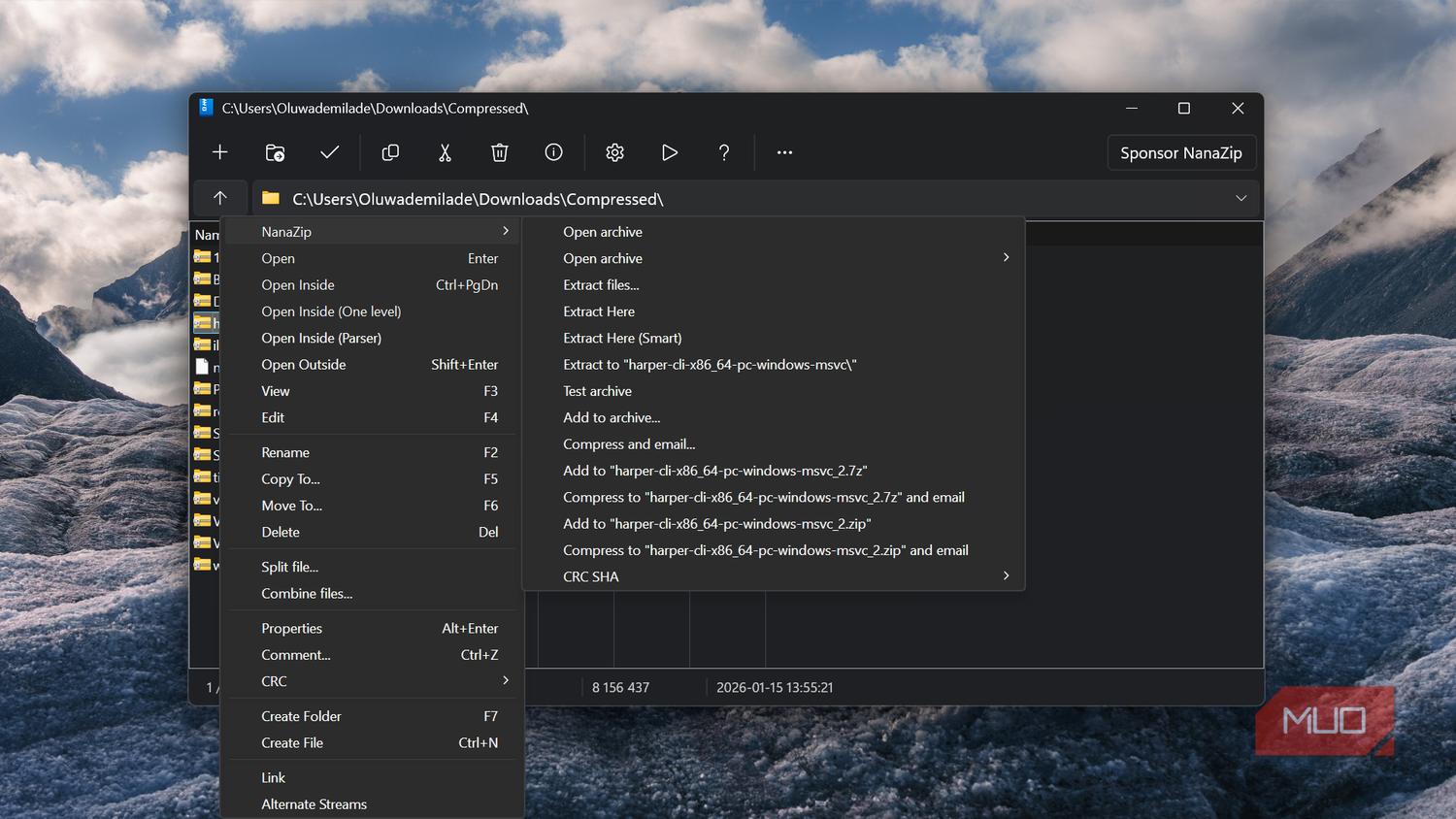 NanaZip context menu open in file explorer