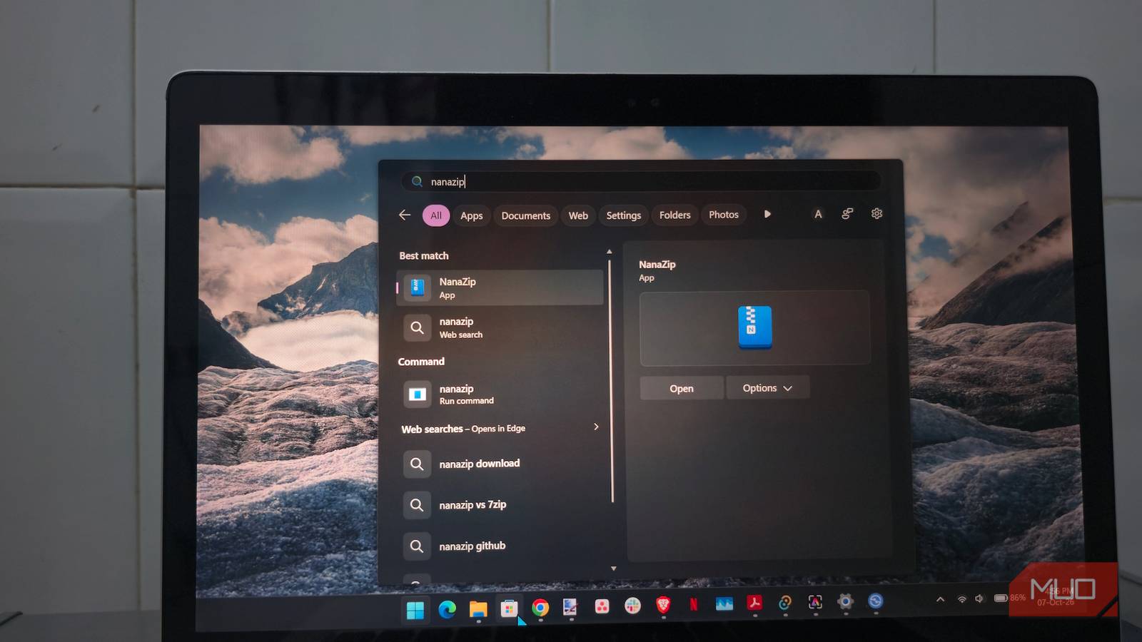 NanaZip в поиске Windows 11 Поиск приложения NanaZip в меню Windows 11