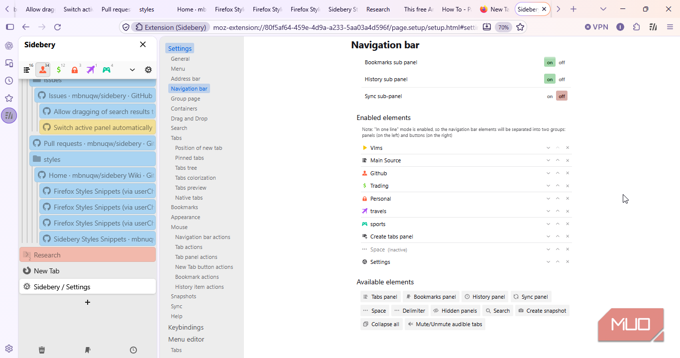 navigation settings sidebery