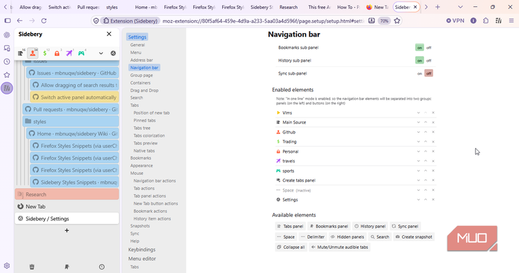 navigation settings sidebery