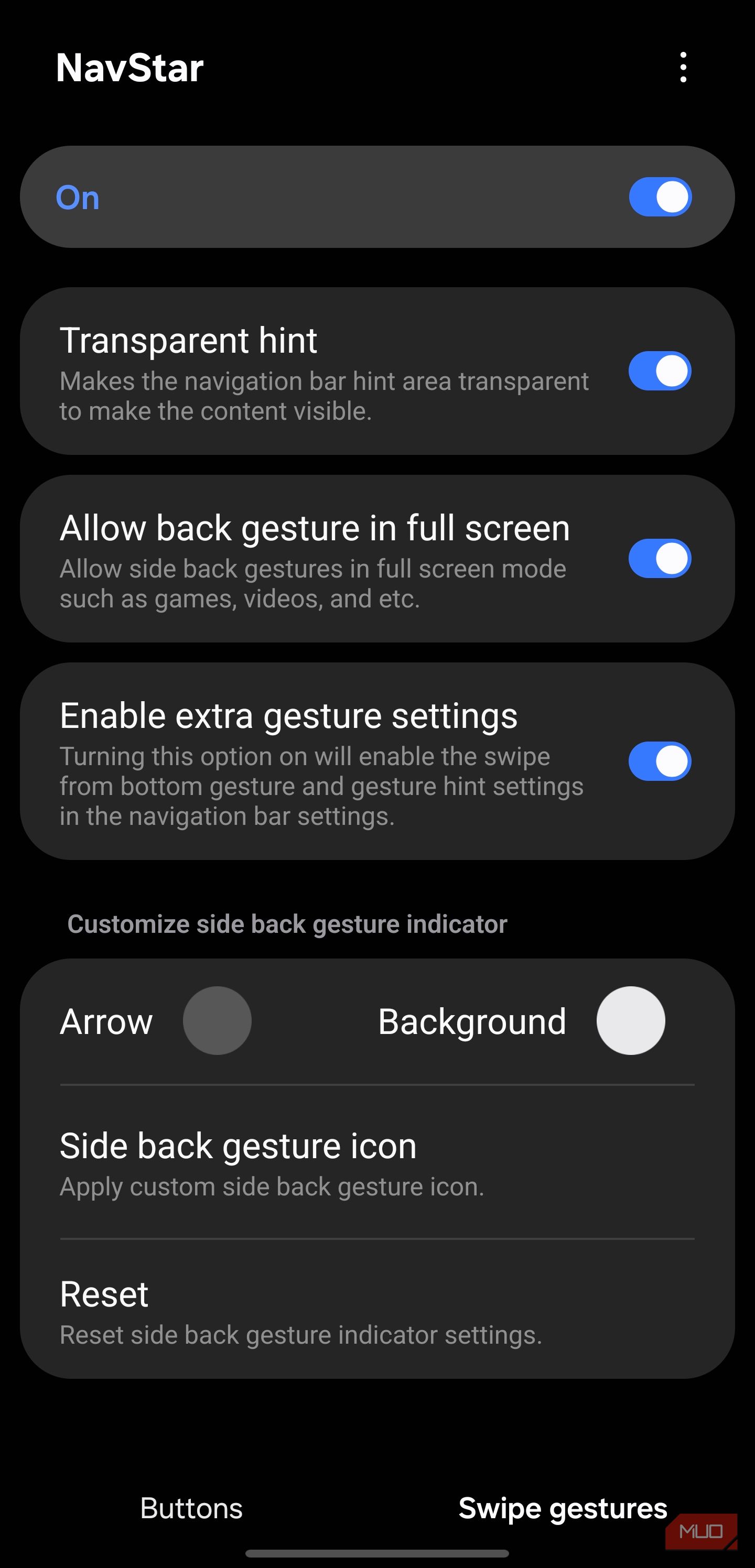 NavStar swipe gesture settings menu