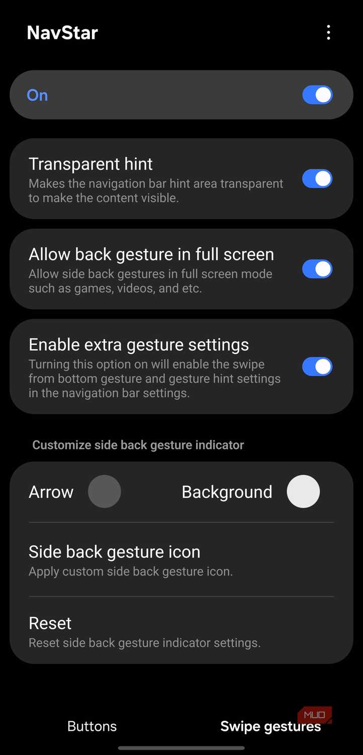 NavStar swipe gesture settings menu