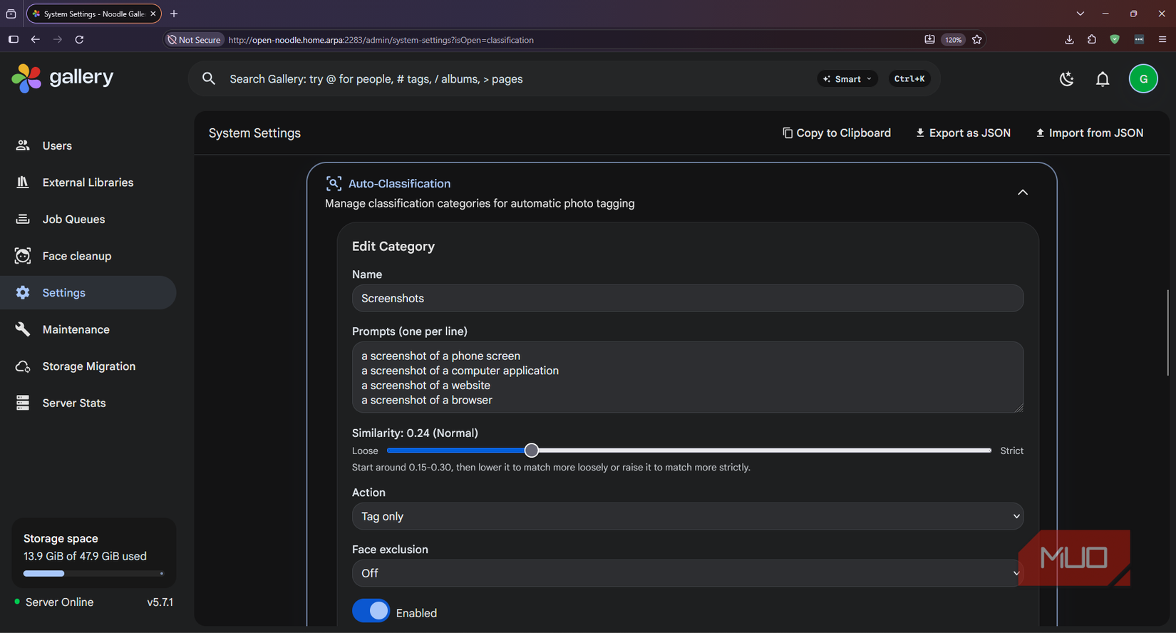Screenshot classification settings in Noodle Gallery showing custom prompts and a similarity threshold of 0.24