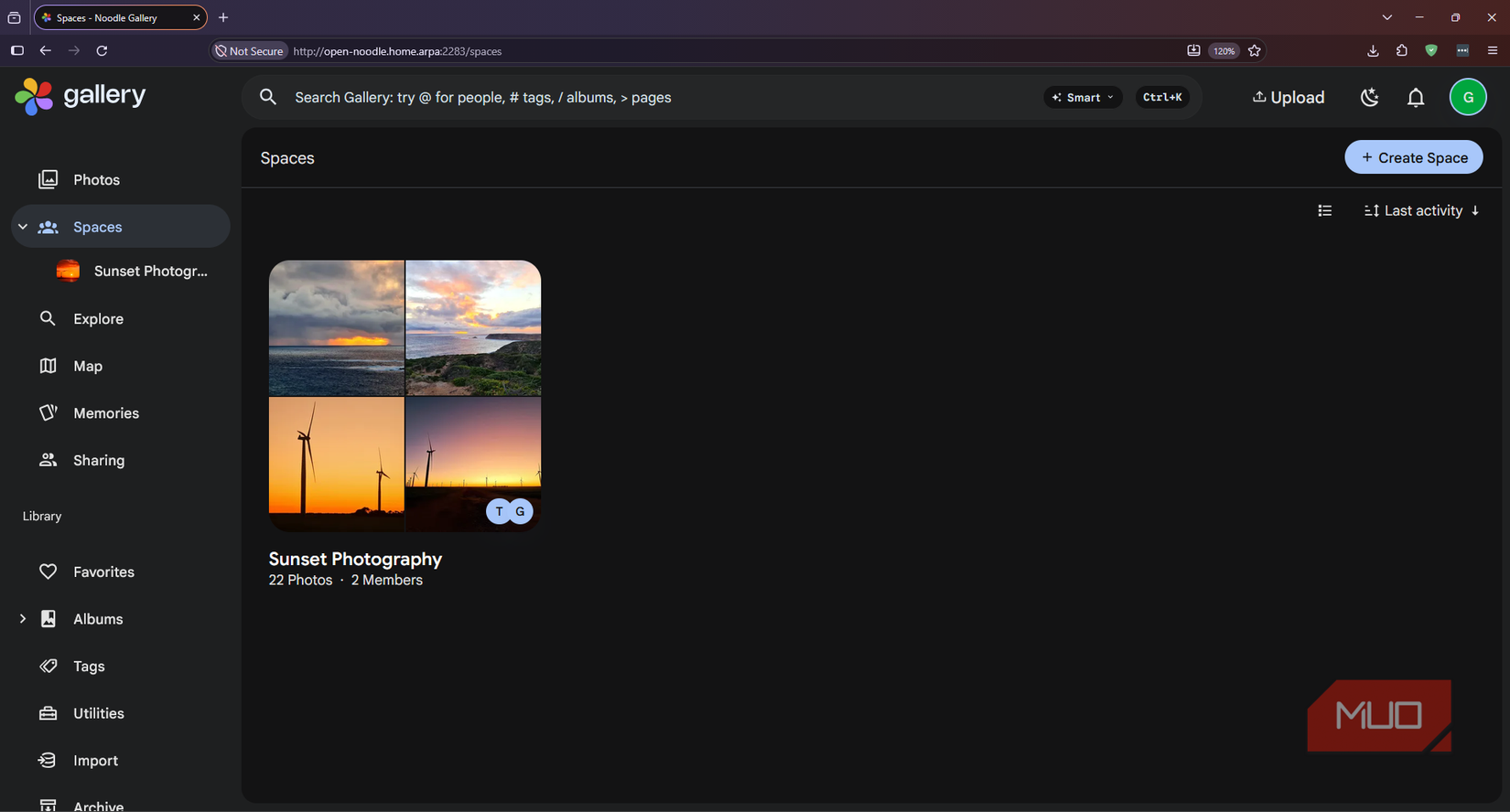 Noodle Gallery Spaces overview showing the populated Sunsets shared collection