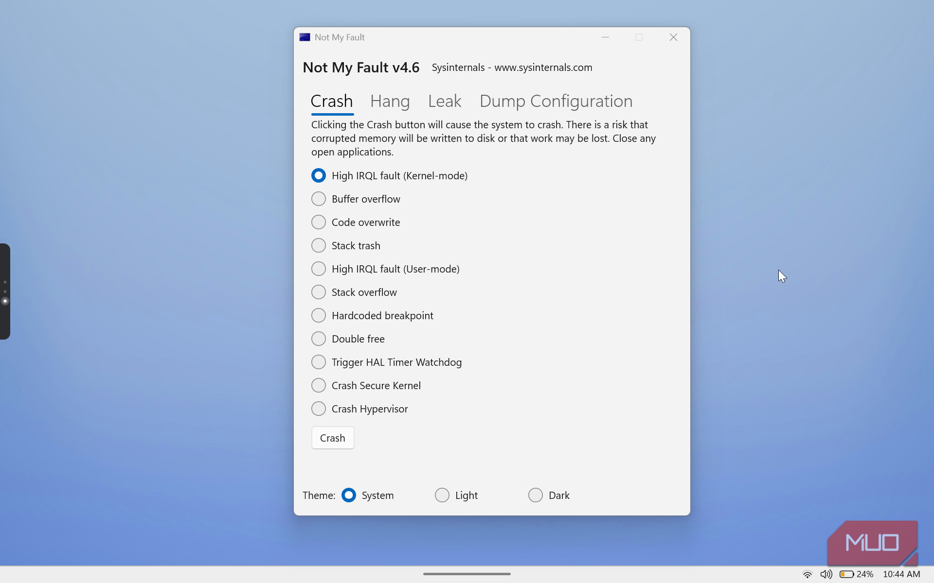 not my fault v4 6 crash testing utility dialog with fault type options