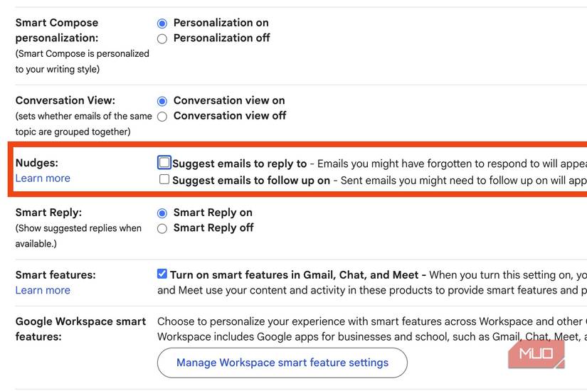 disable nudges in gmail