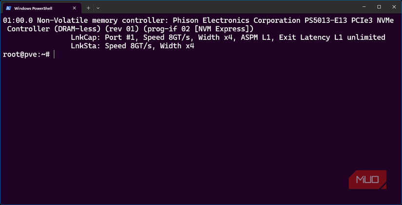 Proxmox terminal showing the NVMe controller’s supported and negotiated PCIe connections both at 8 GT/s with four lanes