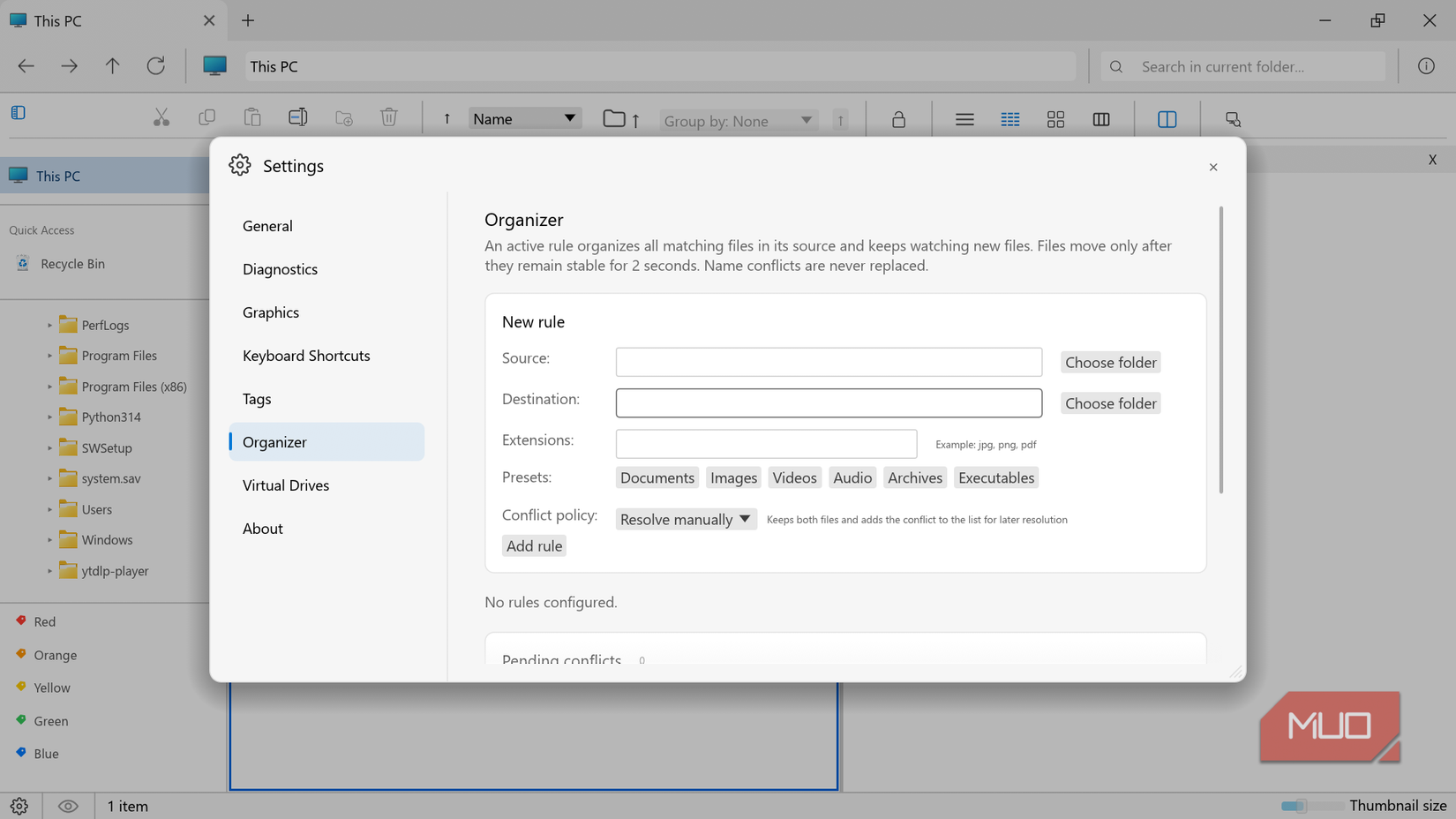 Organizer settings menu in Windows application