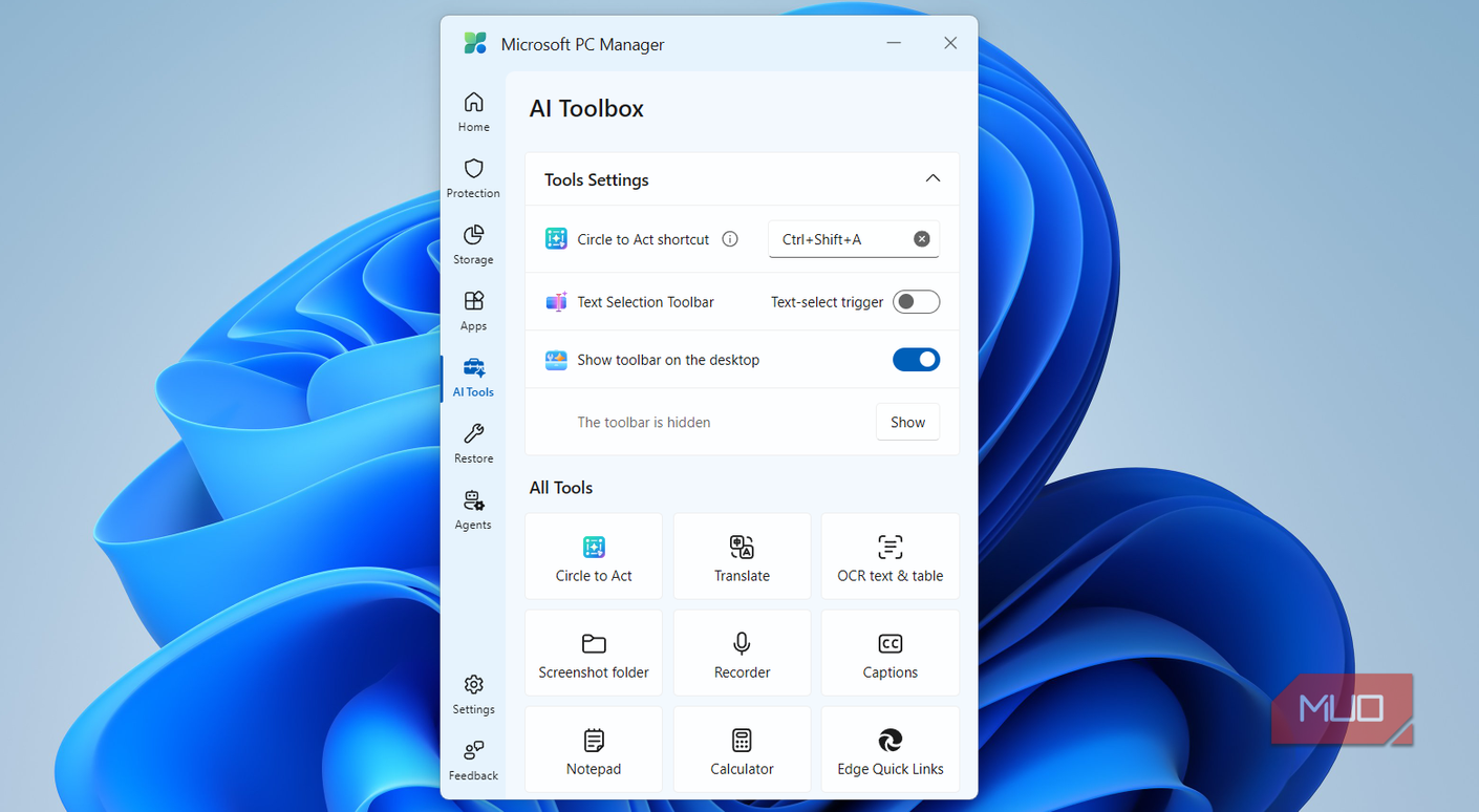 Набор инструментов AI Toolbox в PC Manager Панель инструментов AI Toolbox в Microsoft PC Manager