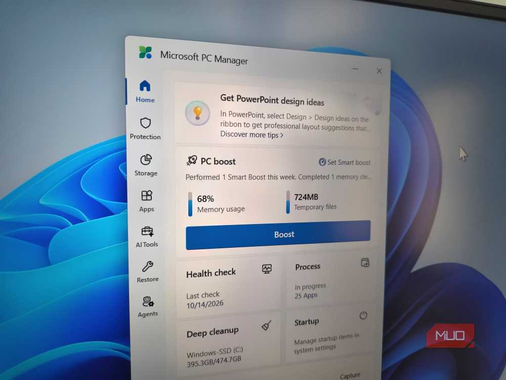 Интерфейс Microsoft PC Manager на рабочем столе Окно утилиты Microsoft PC Manager на рабочем столе