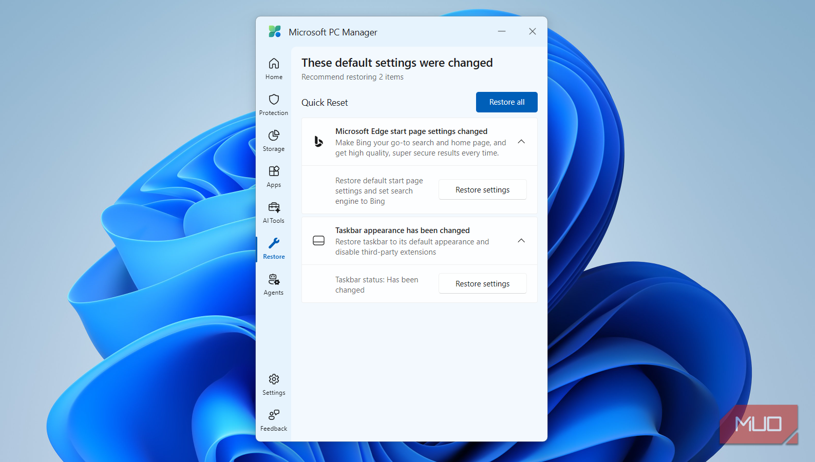 Раздел восстановления стандартных параметров Restore в PC Manager