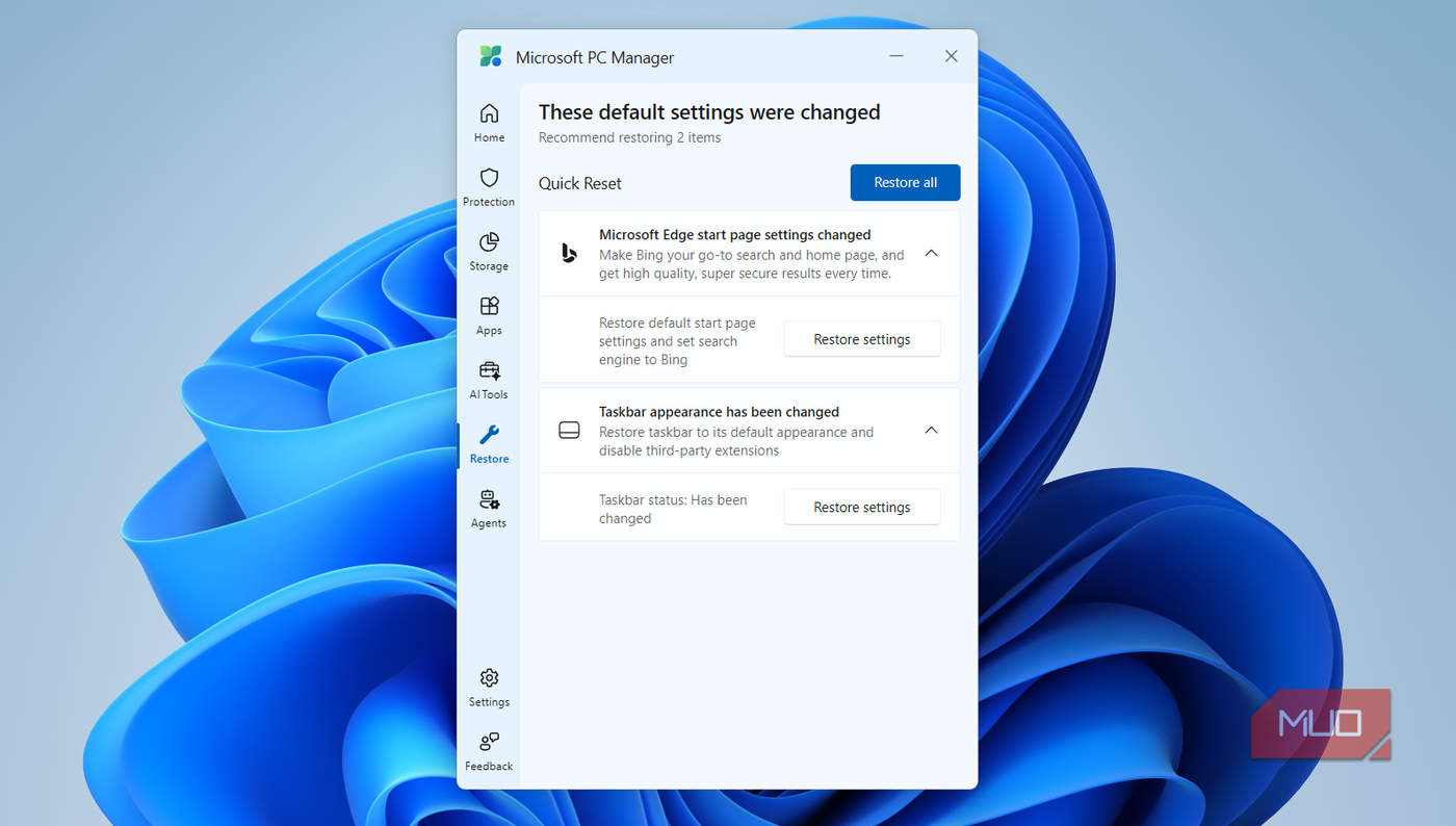 Вкладка Restore в Microsoft PC Manager Раздел восстановления стандартных параметров Restore в PC Manager