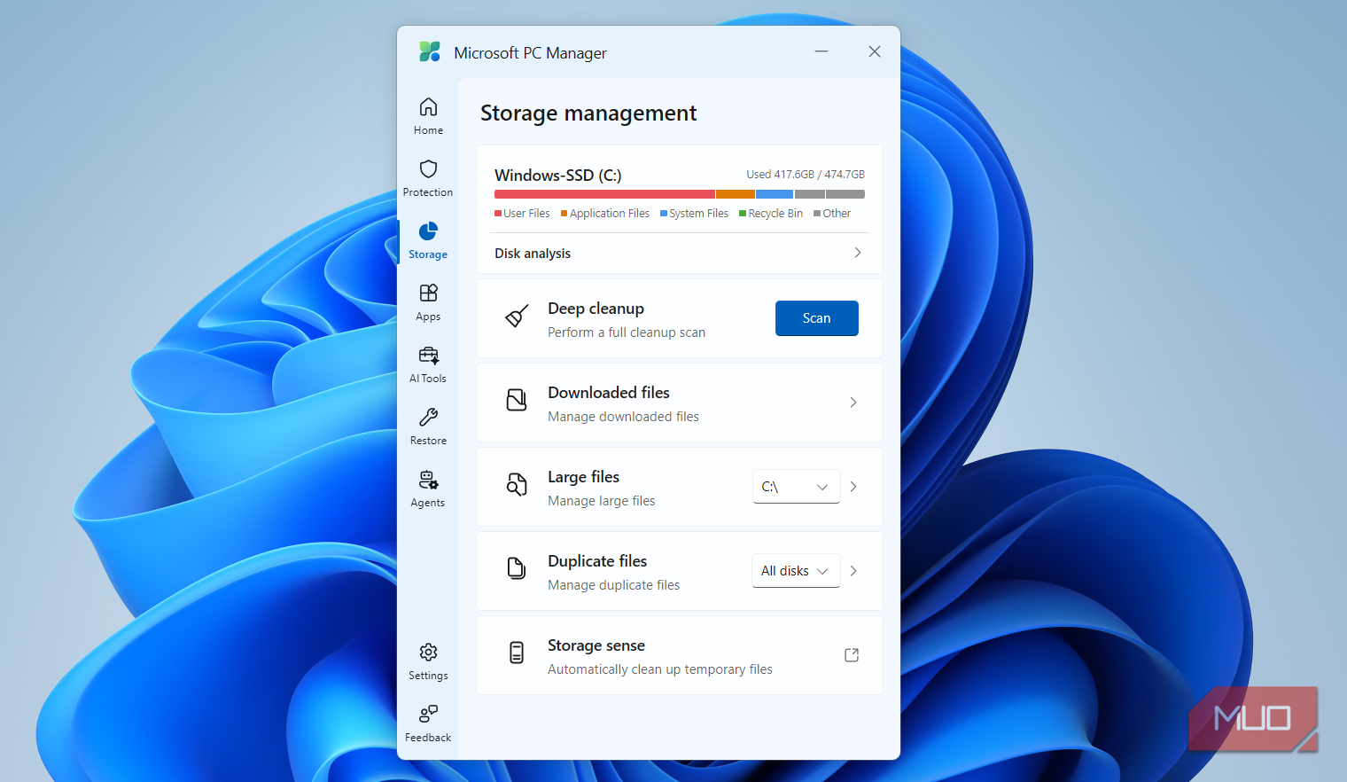Вкладка Storage для очистки накопителя в Microsoft PC Manager