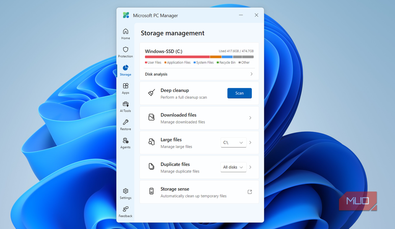 Раздел управления накопителем в Microsoft PC Manager Вкладка Storage для очистки накопителя в Microsoft PC Manager