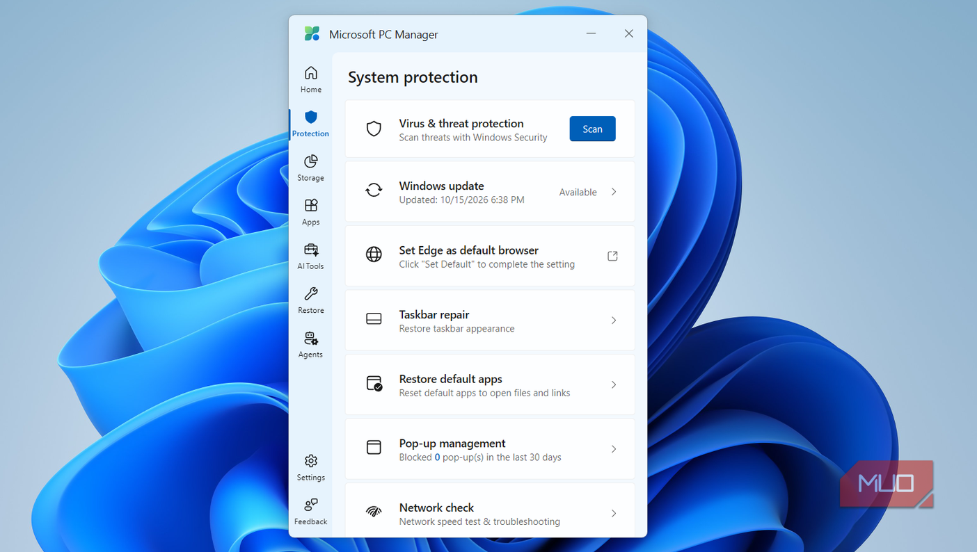 Раздел защиты системы в Microsoft PC Manager Вкладка защиты системы System Protection в интерфейсе PC Manager