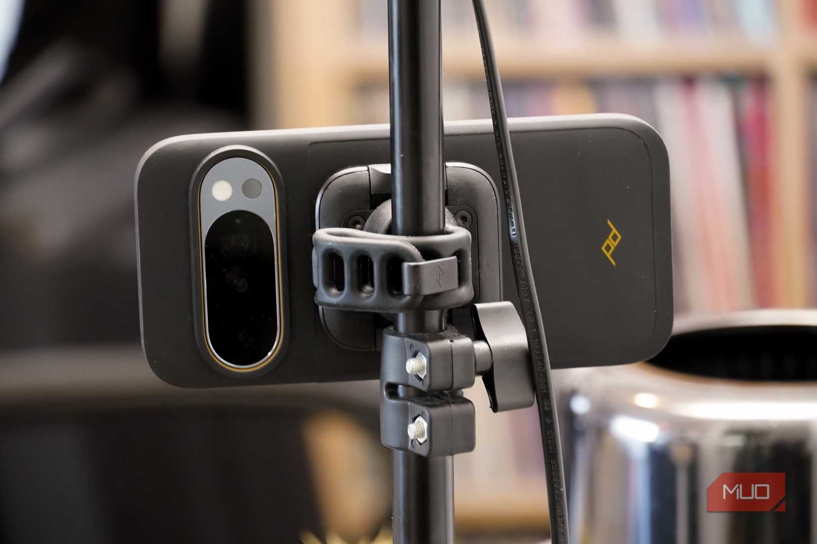 A Pixel 10 Pro attached to a tripod with a SlimLink mount.