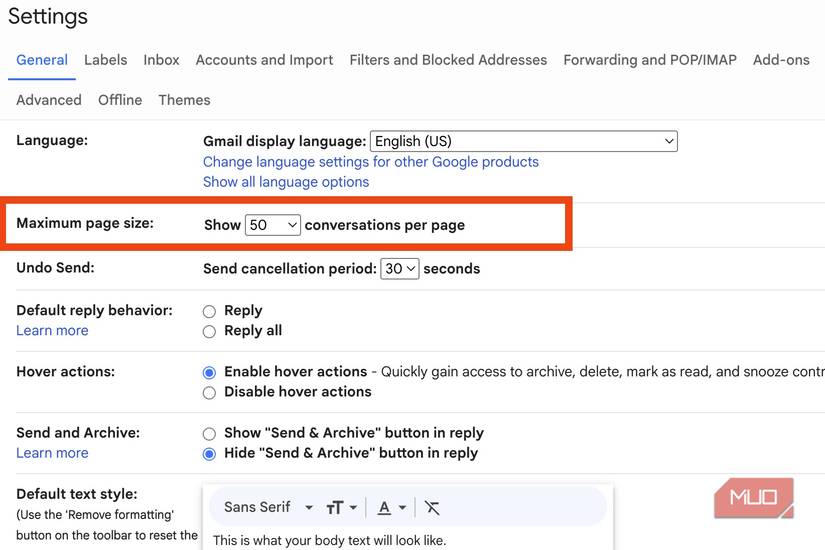 change conversations per page gmail