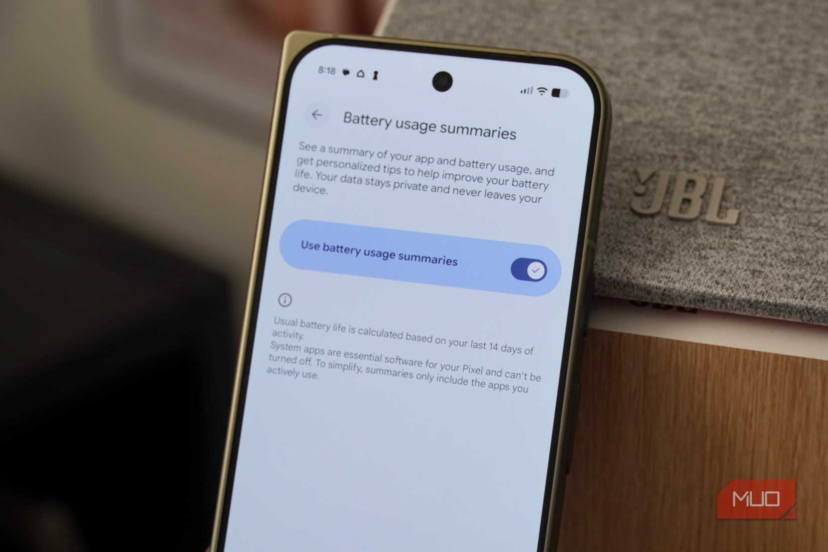 Enabling Pixel battery usage summaries on a Pixel 11 Pro Fold.