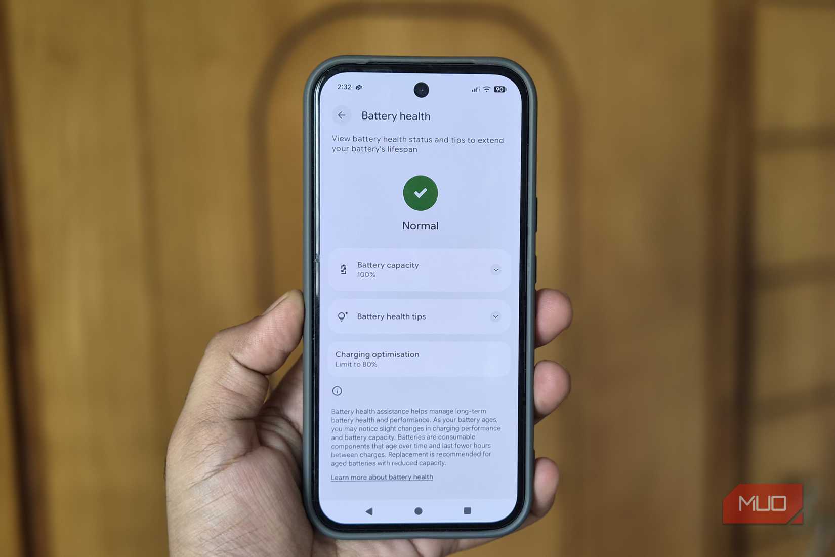 Pixel in hand showing battery health