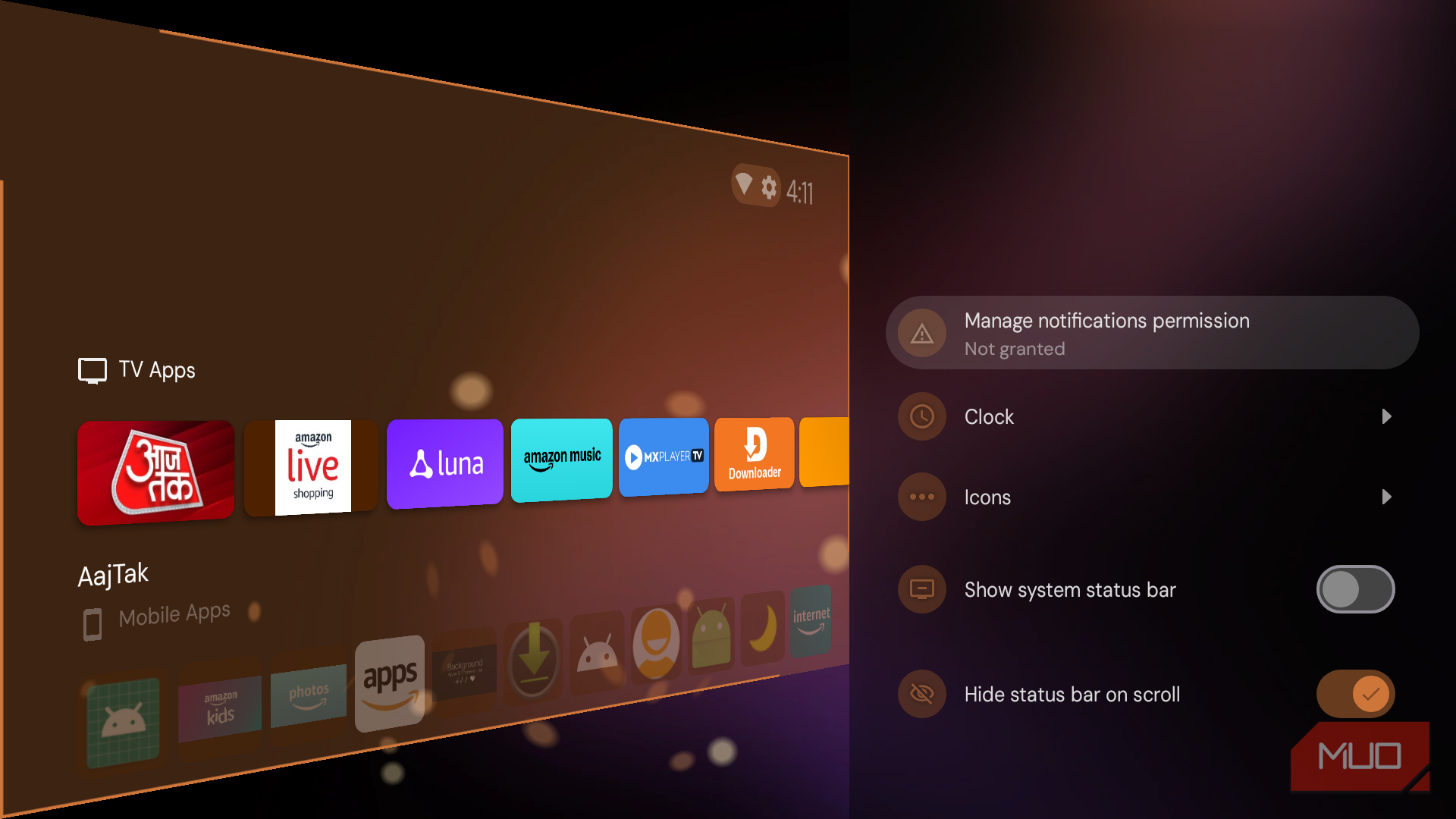Projectivy Launcher status bar settings on Fire TV